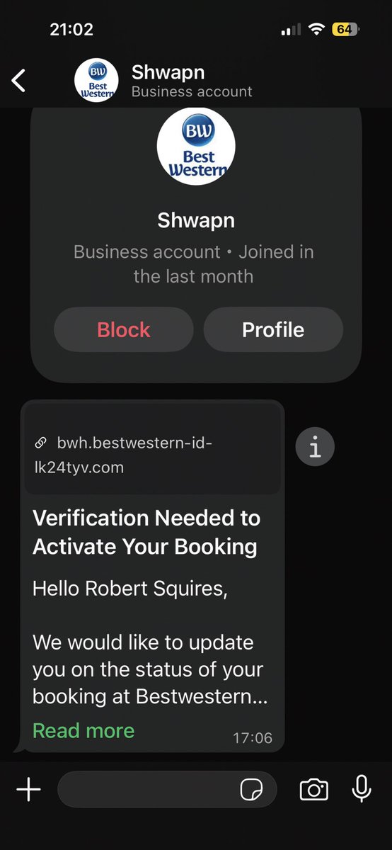 robsquires's tweet photo. @BestWesternGB @bestwestern Hey, thought you might want to be aware of a scam going around - this got sent to me on WhatsApp about a booking I have next weekend. The link wants card details saying it will be automatically cancelled and the card couldn’t be verified. https://t.co/CL7HV7rt0Z