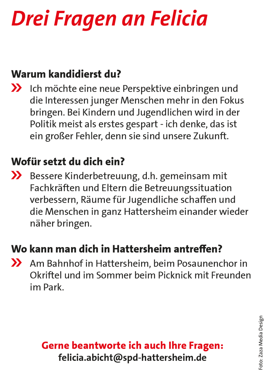SPD_Hattersheim's tweet photo. Wir stellen euch unsere Kandidaten für die Kommunalwahl am 15. März 2026 vor. Heute ist Felicia Abicht dran - Listenplatz 4 für Hattersheim!
In den nächsten Tagen folgen weitere Kandidaten ...

#hattersheim #okriftel #eddersheim #spd #hattersheimkannmehr https://t.co/1wHyugd9tm