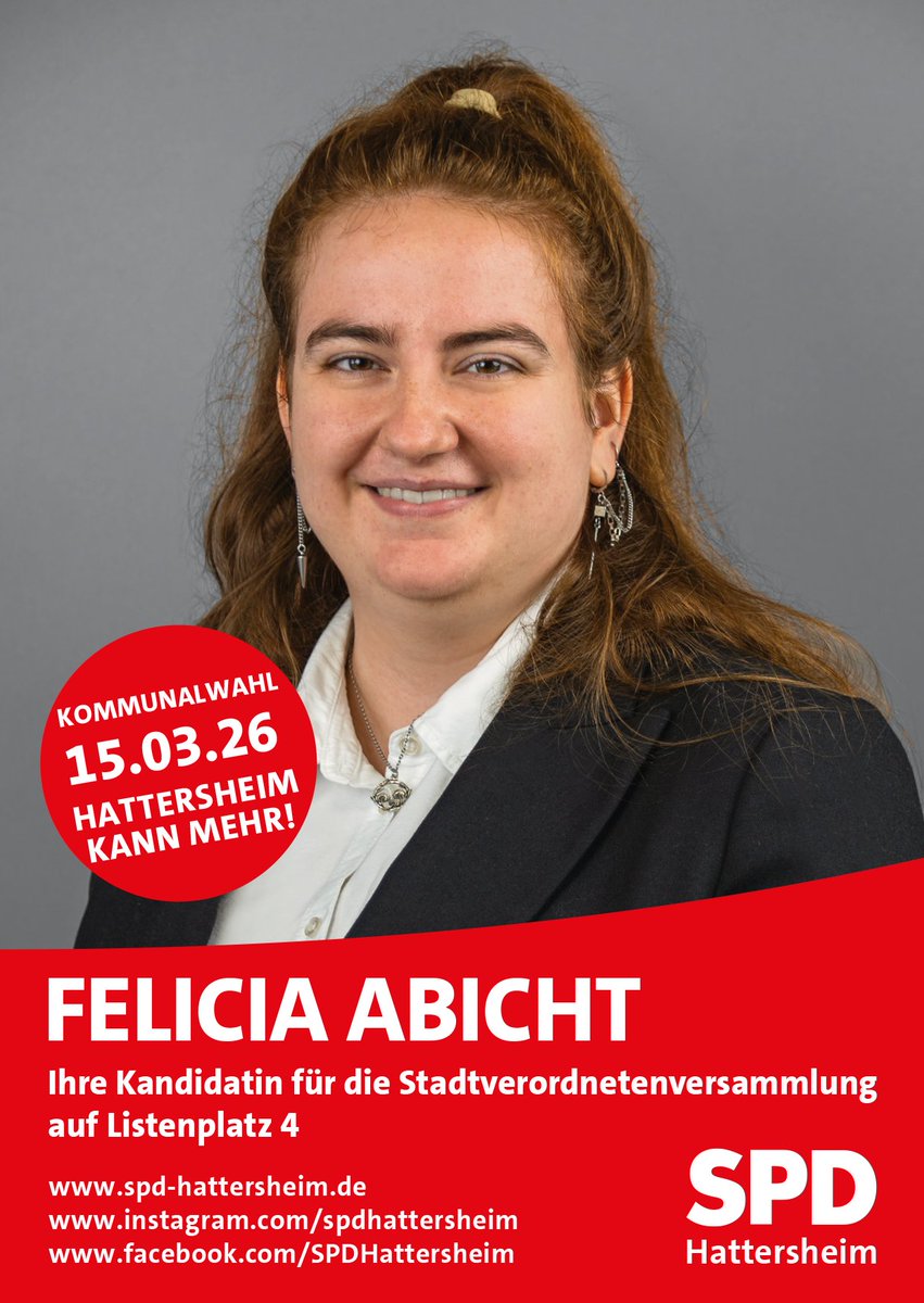 SPD_Hattersheim's tweet photo. Wir stellen euch unsere Kandidaten für die Kommunalwahl am 15. März 2026 vor. Heute ist Felicia Abicht dran - Listenplatz 4 für Hattersheim!
In den nächsten Tagen folgen weitere Kandidaten ...

#hattersheim #okriftel #eddersheim #spd #hattersheimkannmehr https://t.co/1wHyugd9tm