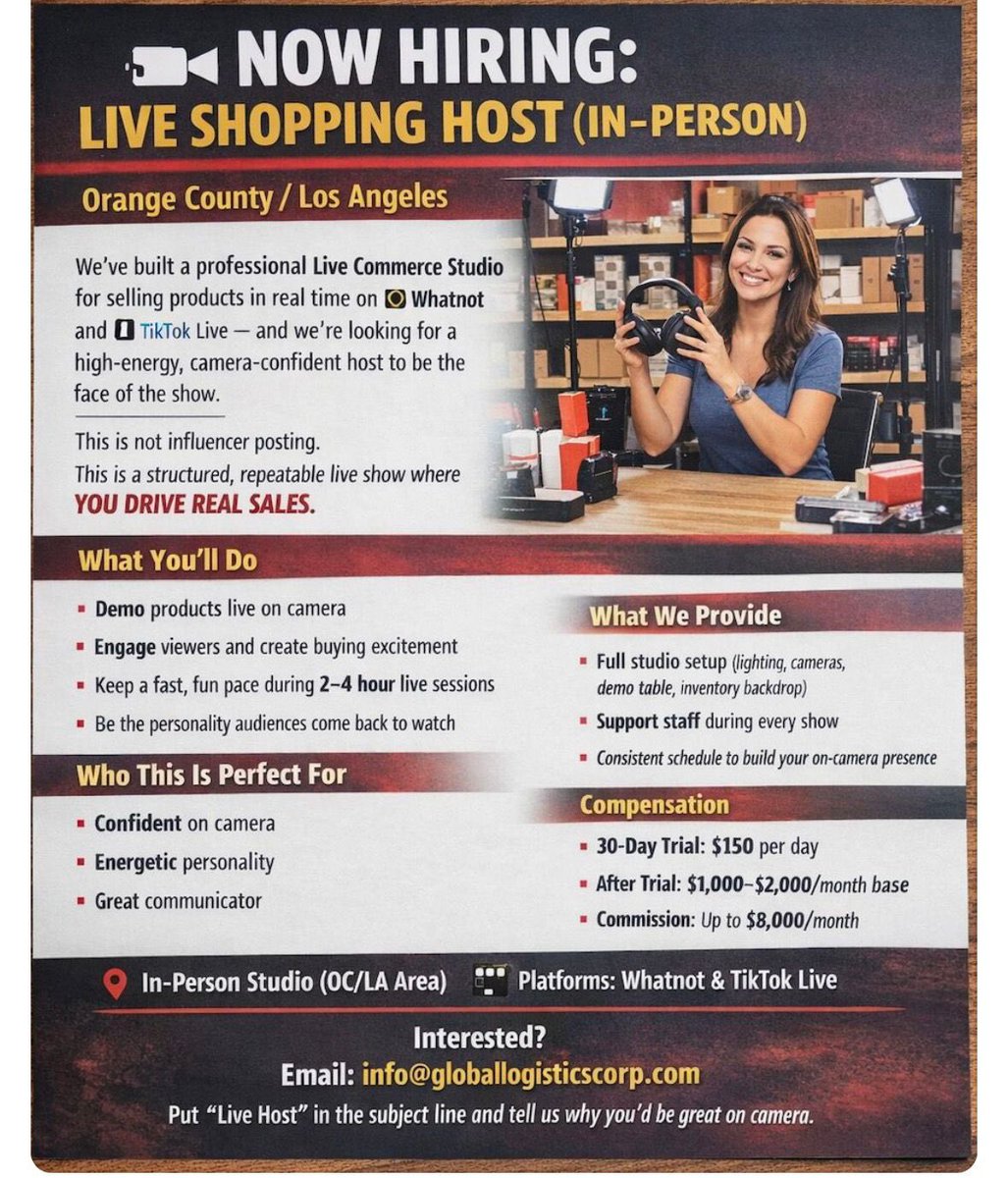 GlobalLogix's tweet image. Confident on camera? High energy? Love selling?
We’re hiring a LIVE SHOPPING HOST 🎤
📍 OC / LA studio
💸 Paid + commission
This is where personality turns into pay.
#Hiring #LiveCommerce #Orangecounty #HostJobs #LA