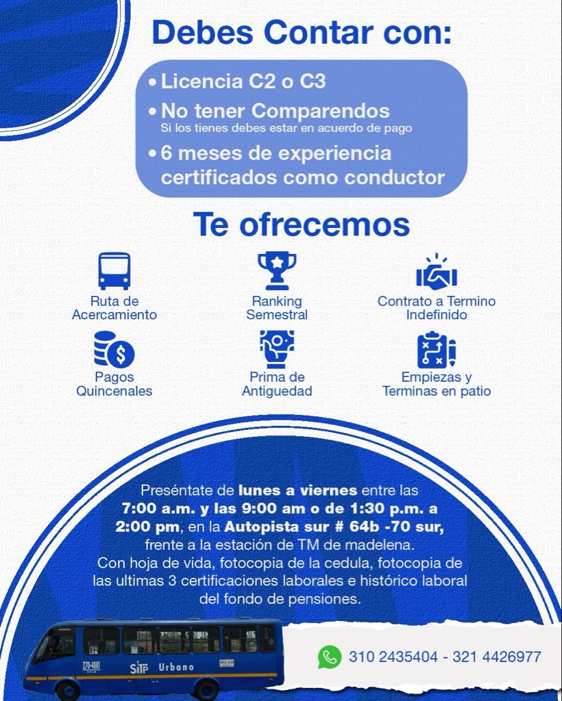 🚍 ¡Vincúlate a ETIB como Operador!

Si buscas estabilidad laboral, crecimiento profesional y nuevos retos, esta es tu oportunidad. En ETIB te ofrecemos excelentes condiciones, pagos quincenales y contrato a término indefinido.

💼 Promedio salarial: $2.750.000