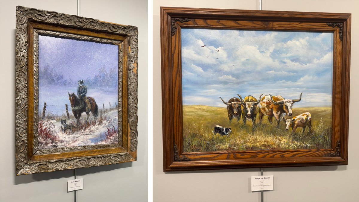 KUSM_Wichita's tweet image. It's First Friday! Stop by from 5-7 p.m. this evening for the opening of "Critters &amp;amp; Cowboy Trails" by Kansas artist Connie Rhodes. Here's a sneak peek. 👀 bit.ly/critterscowboys #FirstFridayICT
