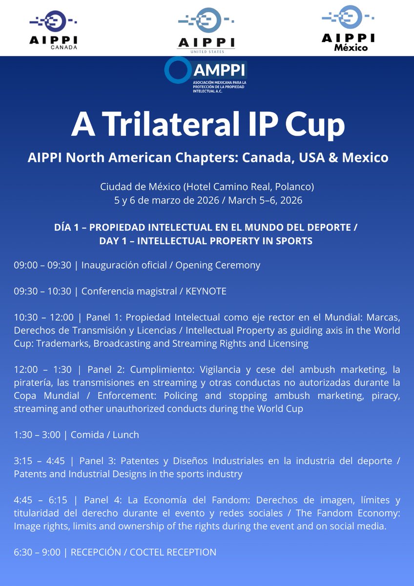 AMPPI_AC's tweet photo. REGÍSTRATE EN:
https://t.co/mxp05NwheC

¡No te lo pierdas!

Este año hemos organizado un evento trilateral, con la colaboración de los capítulos canadiense, estadounidense y mexicano de AIPPI, titulado " A Trilateral IP Cup". Compartimos la información de registro, el programa. https://t.co/yBYimSQtLi