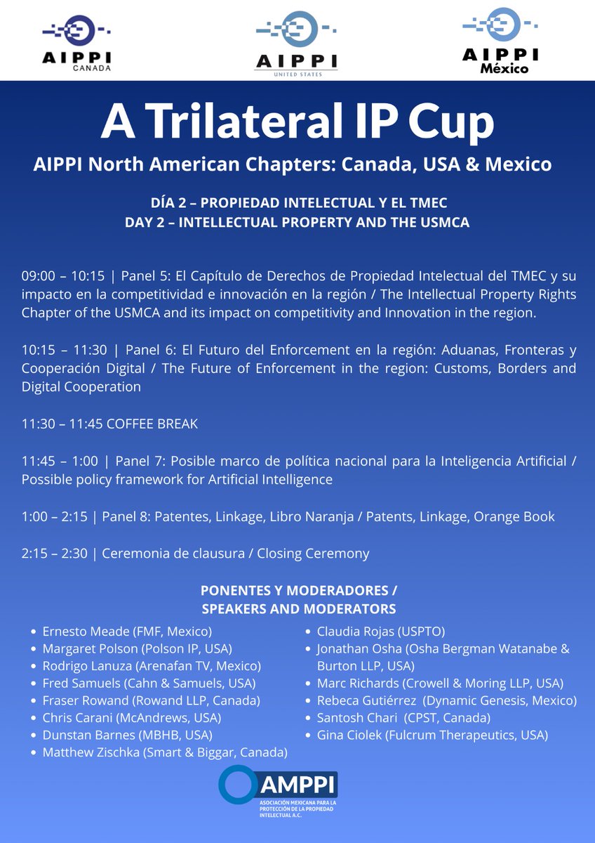 AMPPI_AC's tweet photo. REGÍSTRATE EN:
https://t.co/mxp05NwheC

¡No te lo pierdas!

Este año hemos organizado un evento trilateral, con la colaboración de los capítulos canadiense, estadounidense y mexicano de AIPPI, titulado " A Trilateral IP Cup". Compartimos la información de registro, el programa. https://t.co/yBYimSQtLi