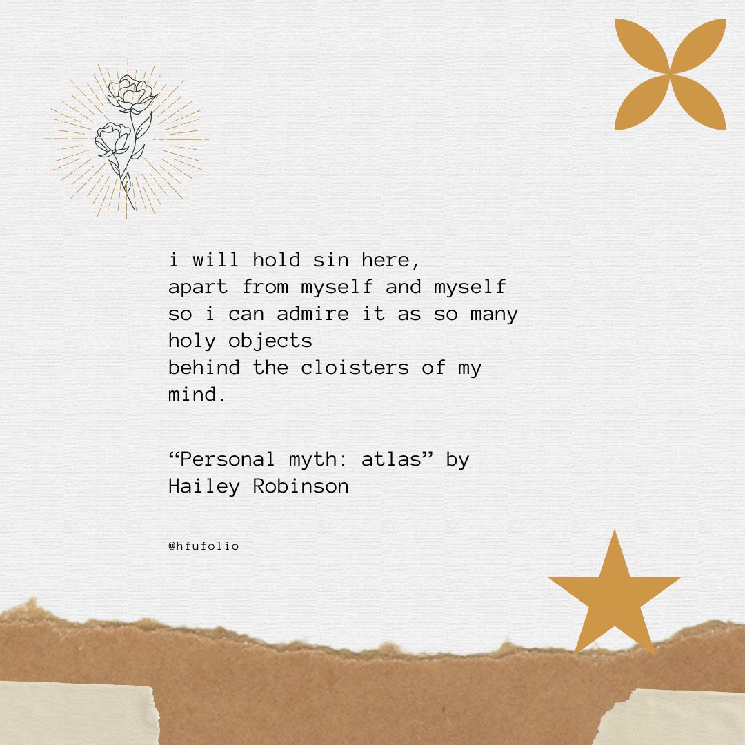 Folio 46 has amazing pieces that are worth the read!

Check out "Personal myth: atlas" by Hailey Robinson! Does this piece inspire you? Go to foliomagazine.org to submit your own literature or artwork pieces!