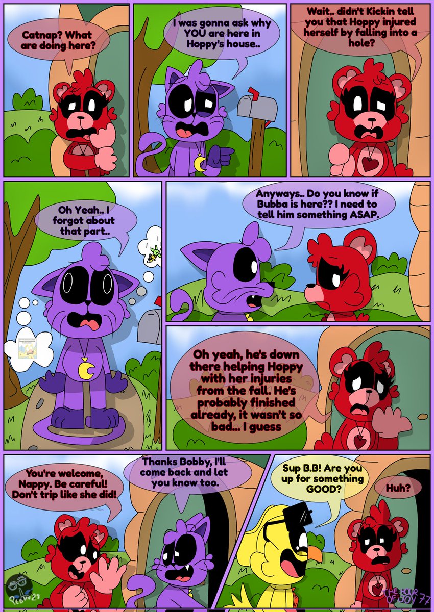 THE HOUR OF JOY
(PART 77)

Let's go to the underground to discover the truest truth.
🌎🌍🌏

#TheHourOfJoy #TheJoy #comic
#SmilingCritters #NightmareCritters #SmilingCrittersAU
#Cartoon #CatNap #KickinChicken #BobbyBearHug #HoppyHopscotch #BubbaBubbaphant