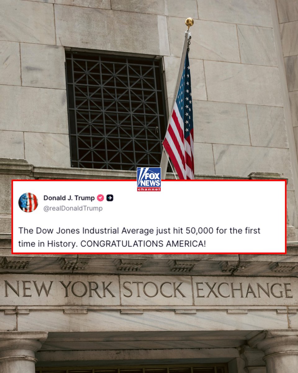 FoxNews's tweet image. ‘CONGRATULATIONS AMERICA’: President Trump reacts to a historic market milestone, celebrating the Dow climbing to 50,000 for the first-time ever.