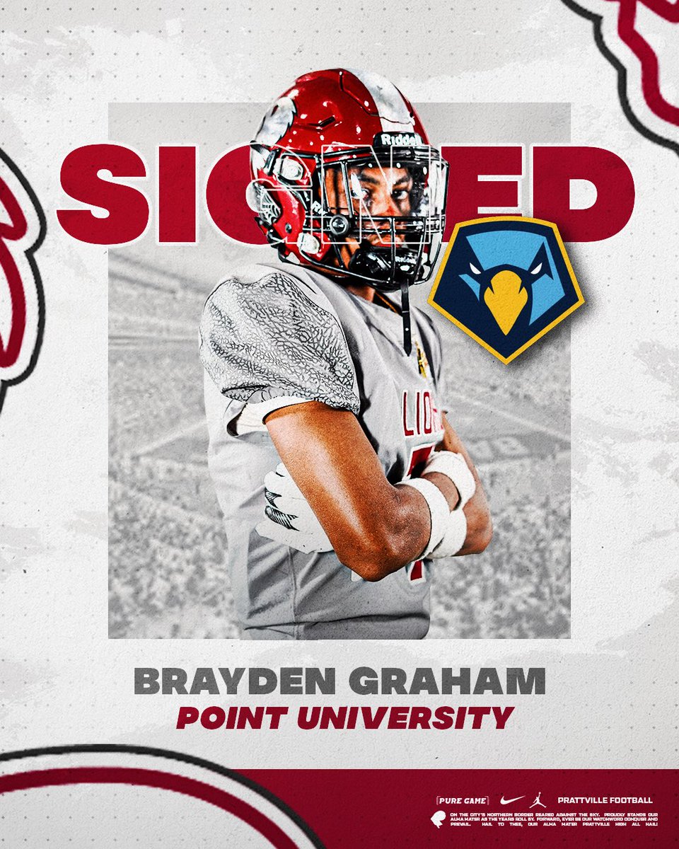 PrattvilleFB's tweet photo. Dreams signed. Futures secured.
Proud of our Lions taking the next step on National Signing Day‼️ 
K     Paxton Genola- @BamaStateFB 
WR  Donovan Brown - @GoldenBearsofMC 
Ath  Brayden Graham- @PointFootball 
#GoLions 🦁 https://t.co/6EjQoUolYT
