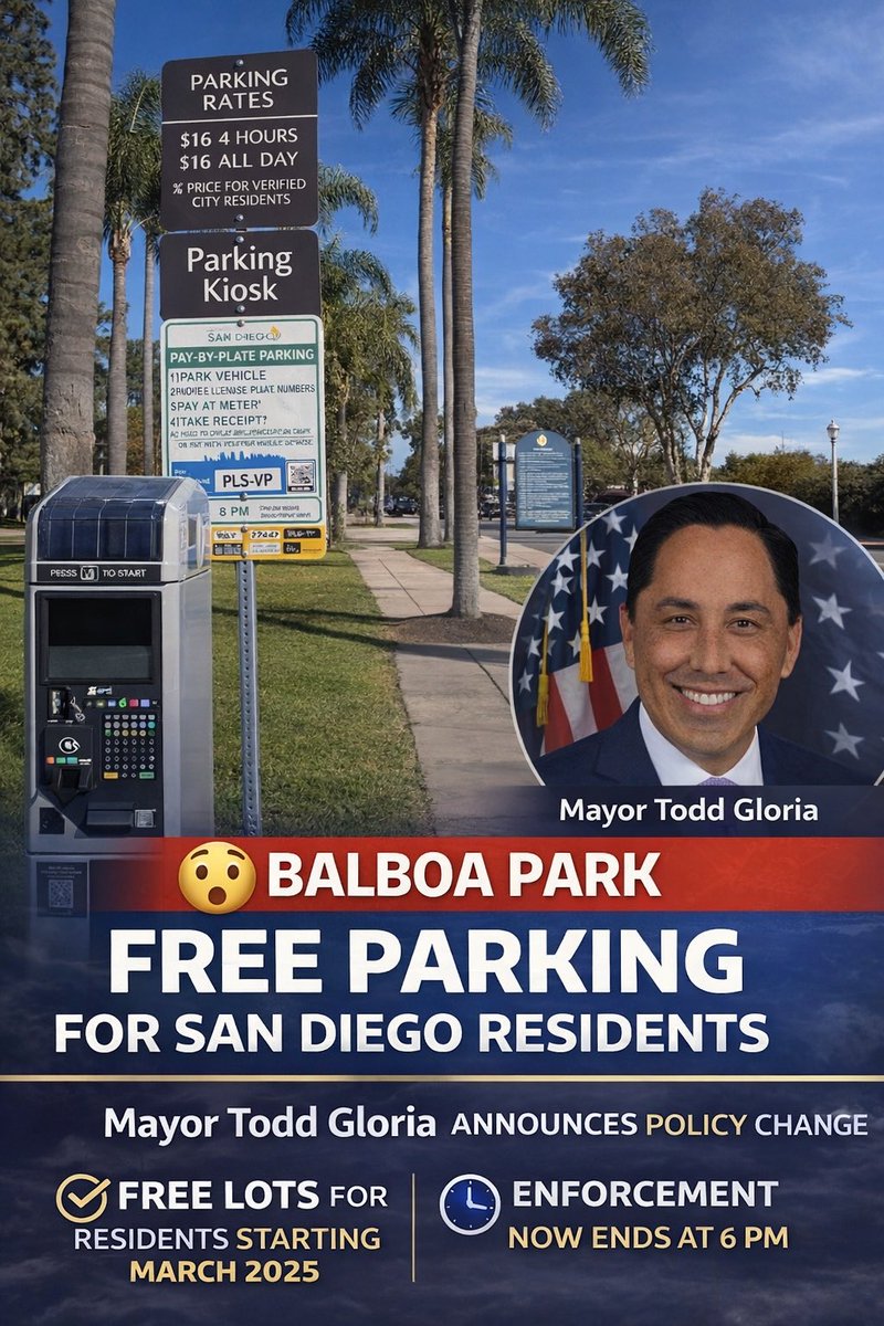 🚨 SAN DIEGO PARKING UPDATE! 🚗🌴

Mayor Todd Gloria just announced expanded FREE parking zones for city residents at Balboa Park responding to community feedback on the paid parking program.

Starting March 2, 2025, verified San Diego residents can park FREE in more locations,