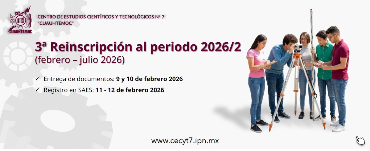 gestion_7's tweet photo. 3a Etapa de Reinscripción al periodo escolar 2026/2 (feb - jul 2026)
https://t.co/lLQFdbjhZK...
https://t.co/0JqZ1dzhi6 https://t.co/hIHtaaTyGP