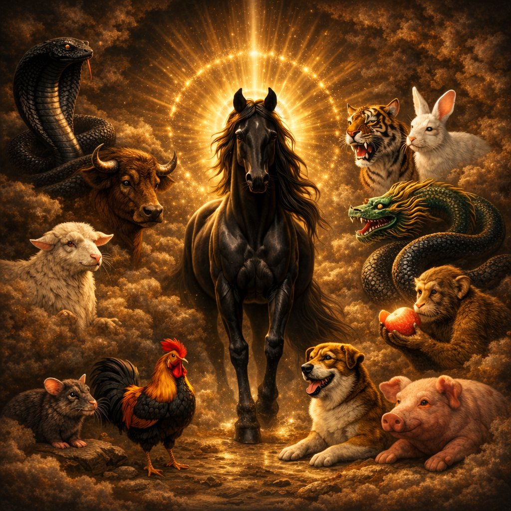 在中国神话中，十二生肖从来不是一场力量的排名，而是一套关于秩序、时机与使命的隐喻体系。

老鼠居首，并非因强，而是最早看懂规则；
牛居其后，代表踏实与耐力；
虎显威、兔守机、龙承天命、蛇藏锋芒。
每一个生肖，都对应一种在特定阶段成立的生存方式。

而马，位列其中，却极为特殊。