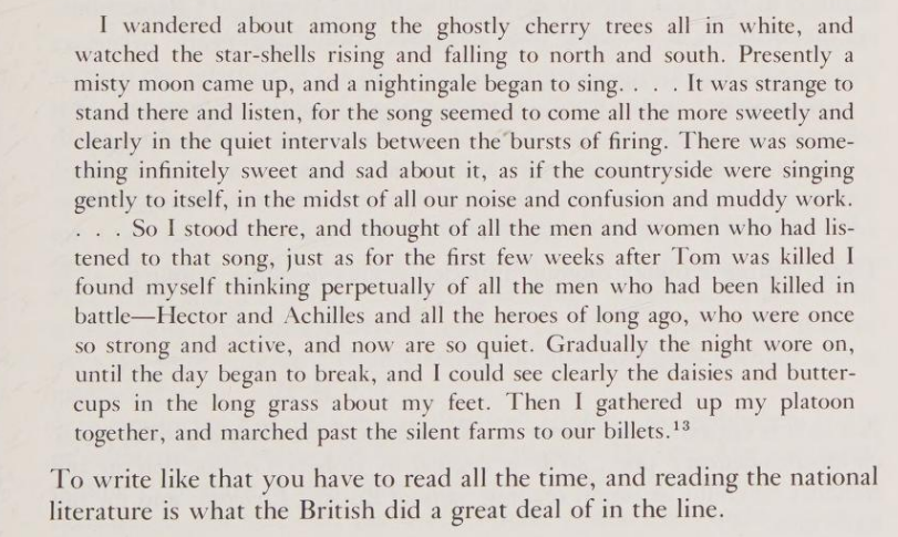 SketchesbyBoze's tweet photo. In “The Great War and Modern Memory” Paul Fussell quotes a letter penned by an ordinary soldier in the trenches. It reads like the work of a great poet. Everyday people were once capable of extraordinary eloquence &amp; romance, because they read. We don’t even know what we’ve lost. https://t.co/Rujh66Xnbc