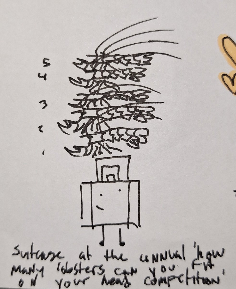 lobsterfanboy's tweet photo. day 22 of drawing suitcase everyday until she has merch again #suitcaseii #ilovethelobster
suitcase at the annual 'how many lobsters can you fit on your head' competition 
5 is a record! https://t.co/J18XG8RuK6