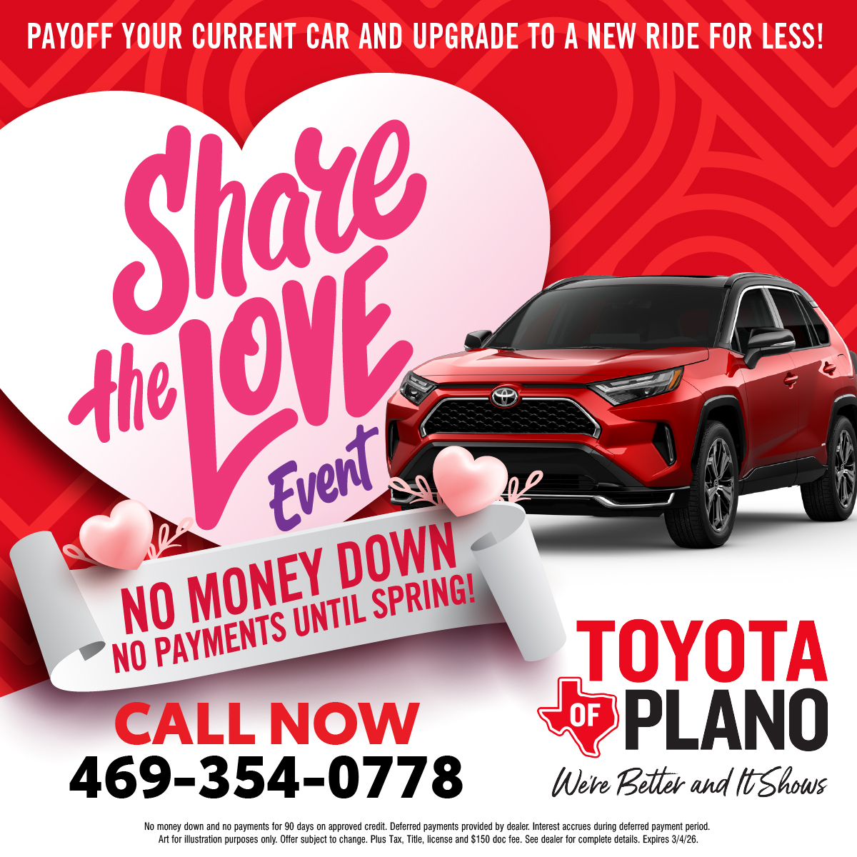 Take home your dream car with no money down &amp; no payments until spring during our Share the Love Event💕

Find out why we're better &amp; it shows👍 (link in bio)

#ToyotaOfPlano #McKinney #Plano #Carrollton #Denton #Toyota #ToyotaUSA #TexasToyota #DFW #Dallas #2025Toyota #2026Toyota