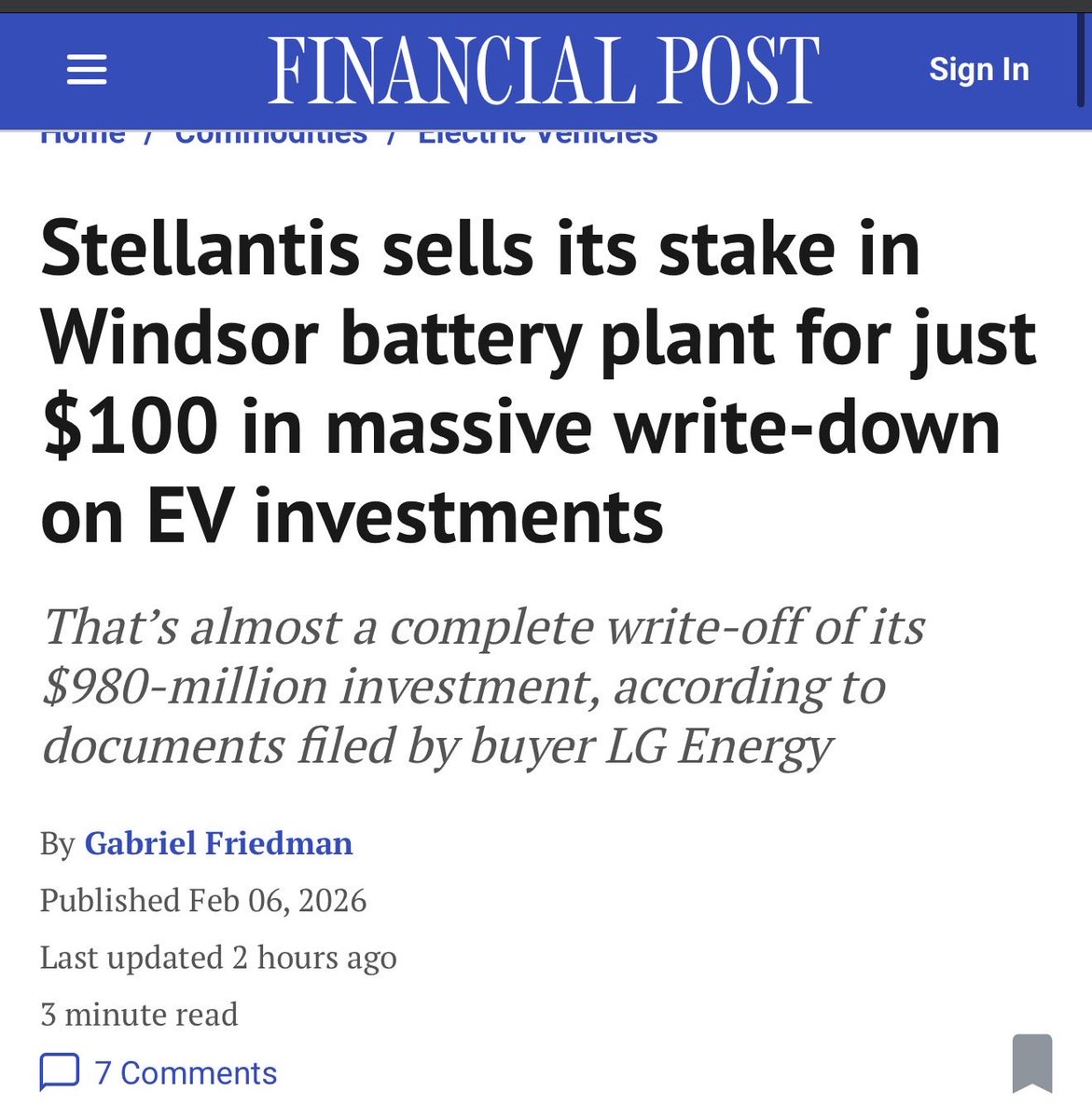 BREAKING: Stellantis has sold its 49% stake in Canada’s only multibillion-dollar battery cell manufacturing plant to its joint venture partner for just $100.

Yes. $100. Not a typo. 

In fact, they’re taking a $26 billion hit, changing their course on its EV strategy.