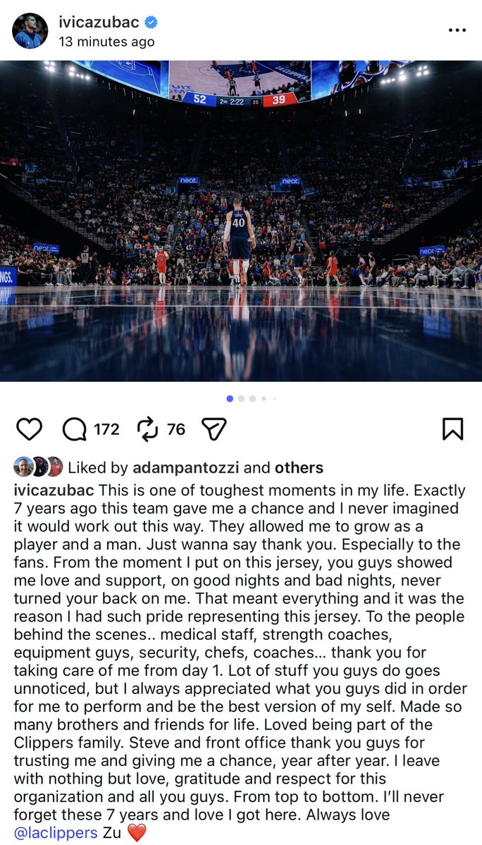 TomerAzarly's tweet image. “This is one of the toughest moments in my life… I’ll never forget these 7 years and the love I got here.”

Ivica Zubac says goodbye to the LA Clippers on IG: