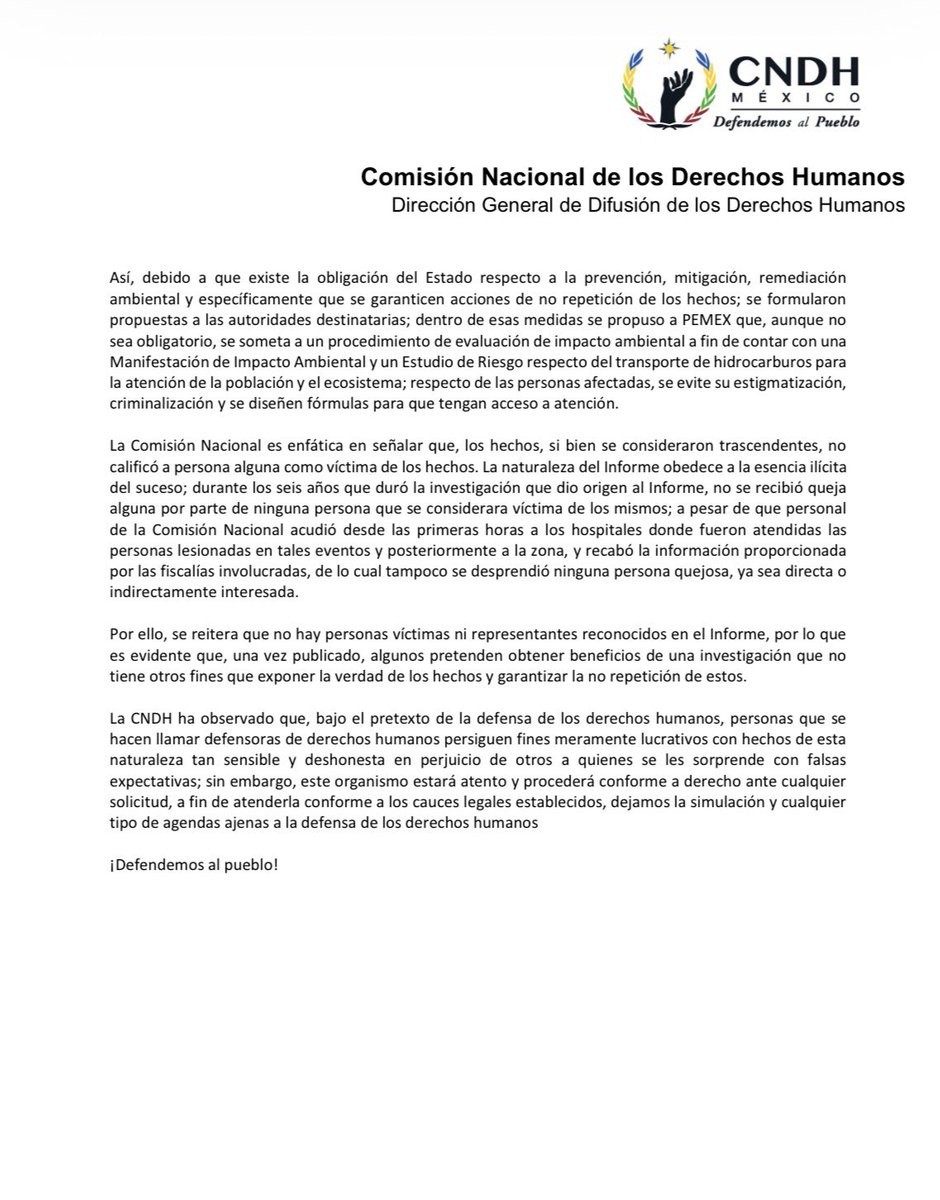 Sobre los hechos de Tlahuelilpan (18/01/2019), realizamos una investigación de oficio y emitimos un Informe Especial para garantizar el derecho a la verdad.

#DefendemosAlPueblo