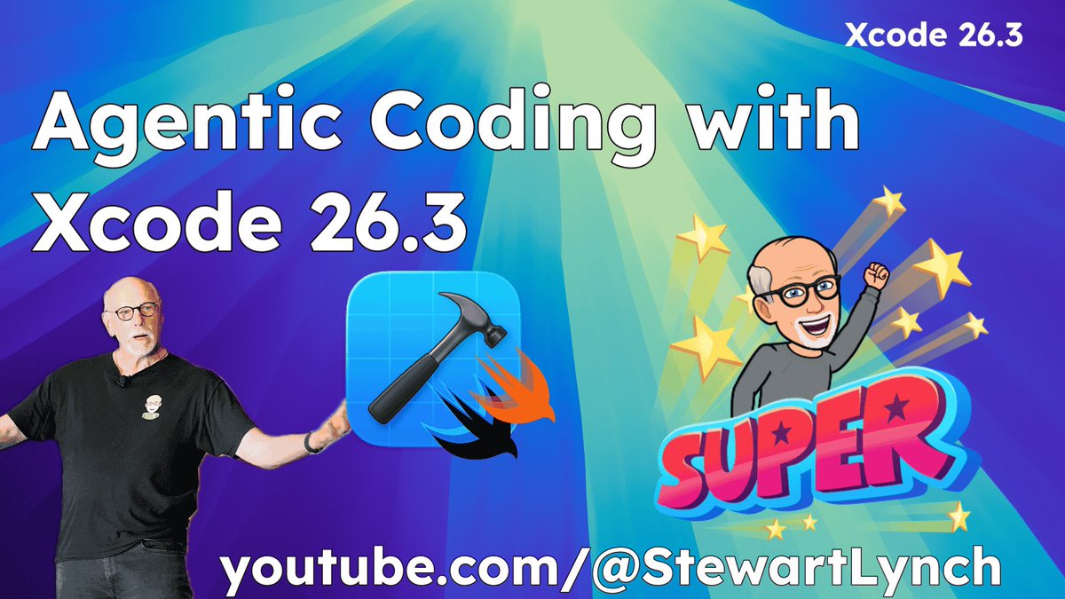 StewartLynch's tweet photo. 2nd Video this week.  I just built 2 complete iOS apps in minutes using Xcode 26.3's agentic coding - live and unedited. Watch the AI write SwiftUI code, fix bugs, and generate documentation in real-time. Is this the future of iOS development?
https://t.co/WXpPfrlgC9
#Xcode #AI https://t.co/EiXEcFHbRW