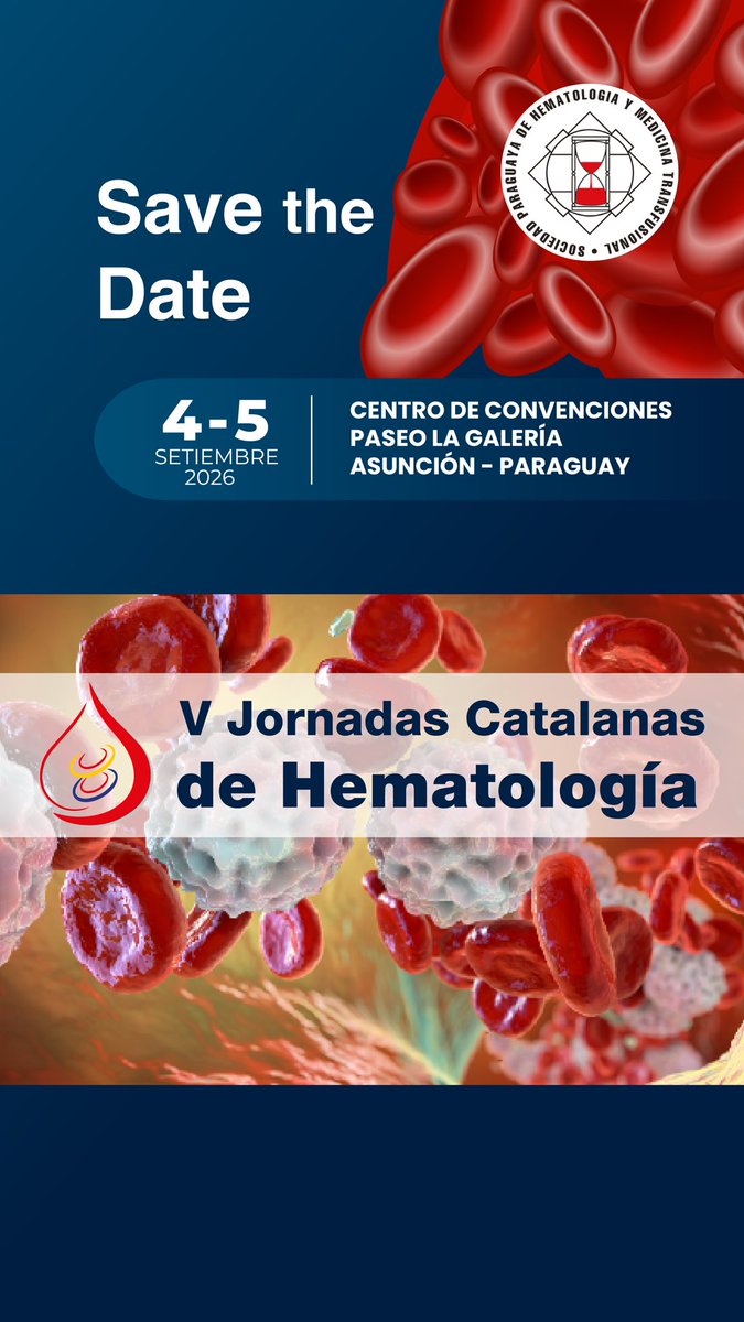SAVE THE DATE‼️
Contaremos con disertantes extranjeros, del Hospital Trías i Pujol - Fundación Josep Carreras, España🩸🇪🇸

📅 04 y 05 de setiembre de 2026.
🏢 Centro de Convenciones Paseo La Galería.
🚨 Modalidad: presencial.
📍 Asunción, Paraguay

#VJornadasCatalanas