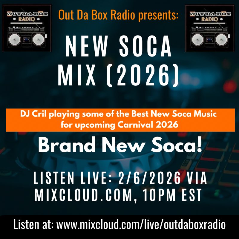 Tonight at 10pm est! Cril of @OutdaBoxMedia #OutDaBoxRadio returns for a LIVE DJ Mix of some of the best “New Soca Songs” for Carnival 2026. This is the first of more music mixes amongst other genres planned for this year. Tune in via Mixcloud at this link
mixcloud.com/live/outdaboxr…