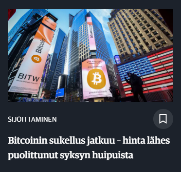 Kuinka relevantti uutismedia suomalainen talousmedia on?

Kello on nyt 23:30 perjantaina. Bitcoin on tänään noussut 12 %. Se on suurin nousupäivä ainakin vuosien 2025-2026 aikana.

Kauppalehden digiversion yläosassa "Pääuutisissa" kerrotaan, kuinka "Bitcoinin sukellus jatkuu".
