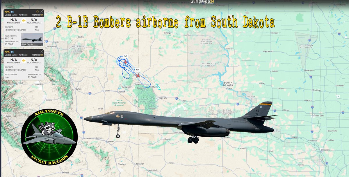 AirAssets's tweet image. Alaska Intel caught this and I looked to find them.2 B1-B bombers airborne near Sturgis.