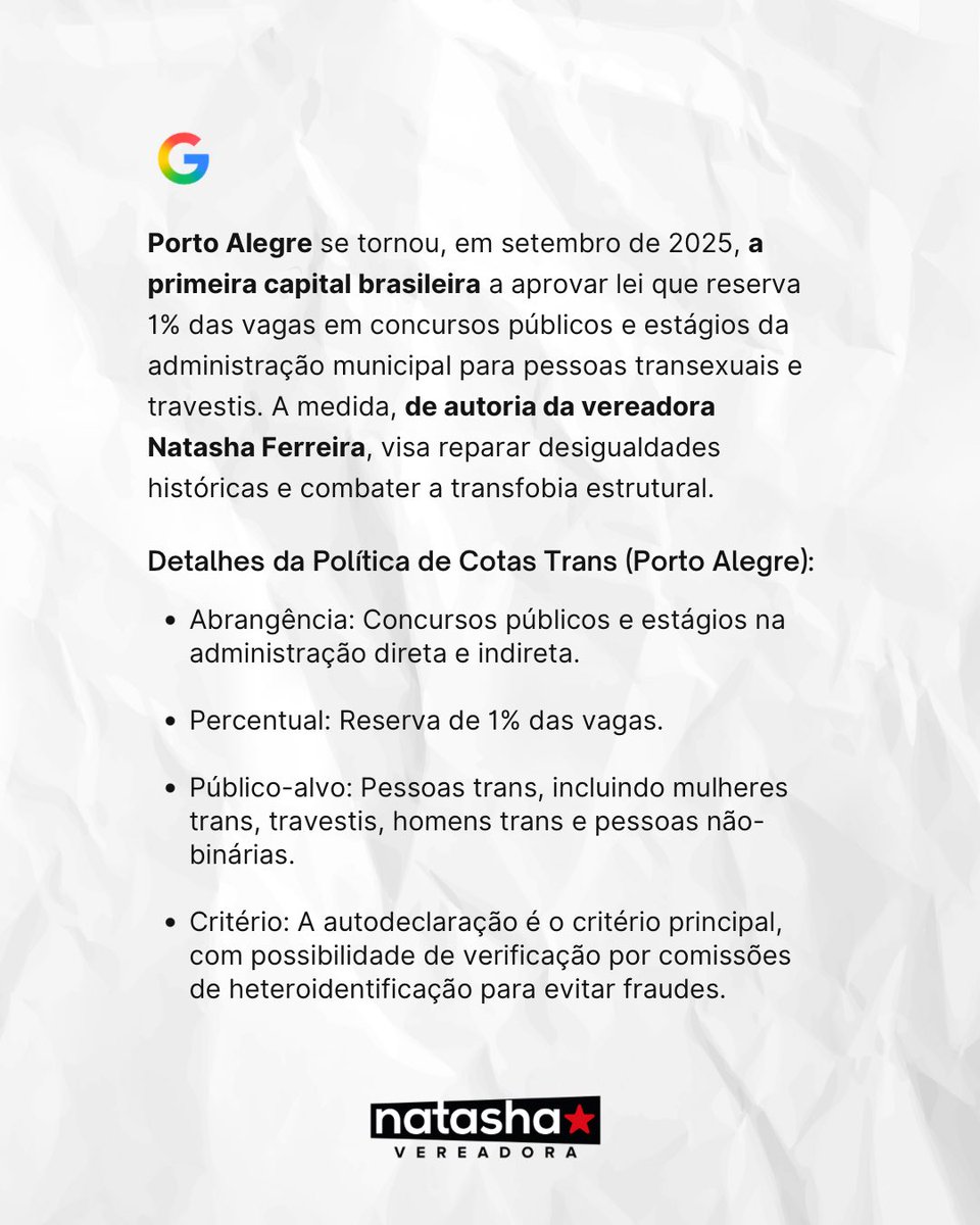 Tem pessoas trans em todo o Brasil.
Mas Porto Alegre é a única capital com cotas trans em concursos municipais.

Isso não aconteceu por acaso.
Fomos pioneiros ao aprovar esse projeto de lei e abrir caminho onde antes só existia exclusão.

A nossa torcida é para que as cotas trans