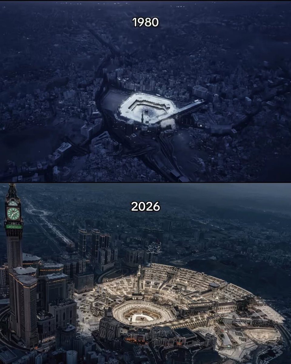 SaudiNewsFR's tweet photo. 📸 Regardez l'incroyable différence de la mosquée sacrée de #Makkah entre 1980 et aujourd'hui. Une évolution architecturale et une expansion phénoménale en moins de 50 ans, pour mieux accueillir les pèlerins du monde entier.

Une vision qui inspire l'humilité et l'admiration.. https://t.co/NQYX6hRGTv