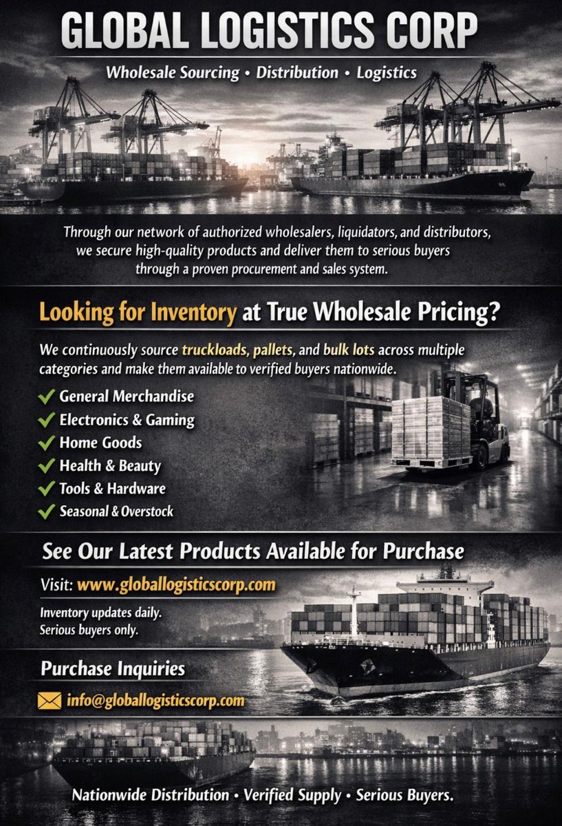 GlobalLogix's tweet image. True wholesale inventory at unbeatable prices.
#Wholesale #BulkInventory #Truckloads #PalletDeals #GlobalLogistics #B2BWholesale #VerifiedBuyers