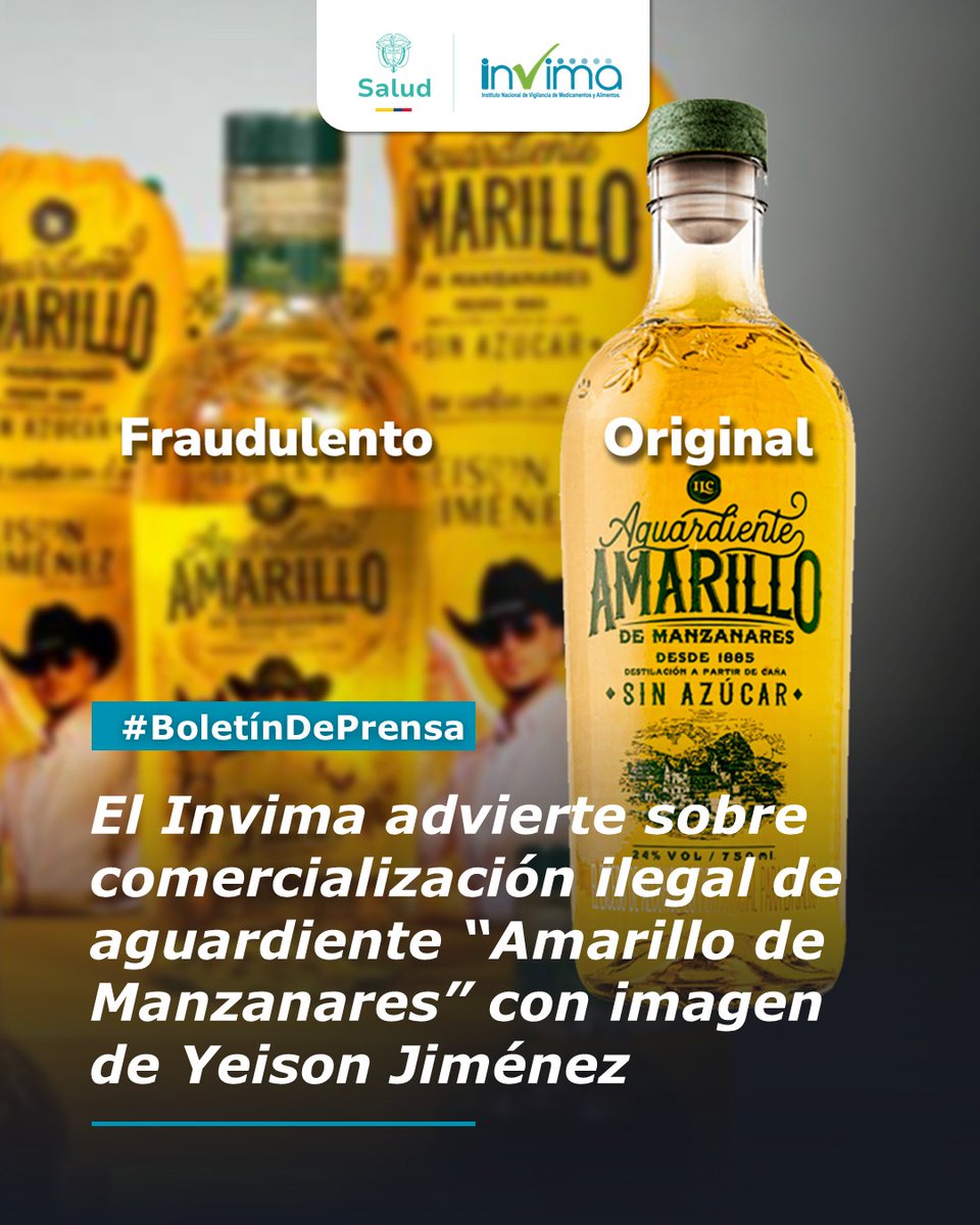 BoletínDePrensa
El Invima alerta a la ciudadanía sobre la comercialización ilegal del producto Aguardiente sin azúcar Amarillo de Manzanares, que utiliza de forma indebida la imagen, nombre y logo del cantante Yeison Jiménez y haría uso irregular de un Registro Sanitario vigente.
