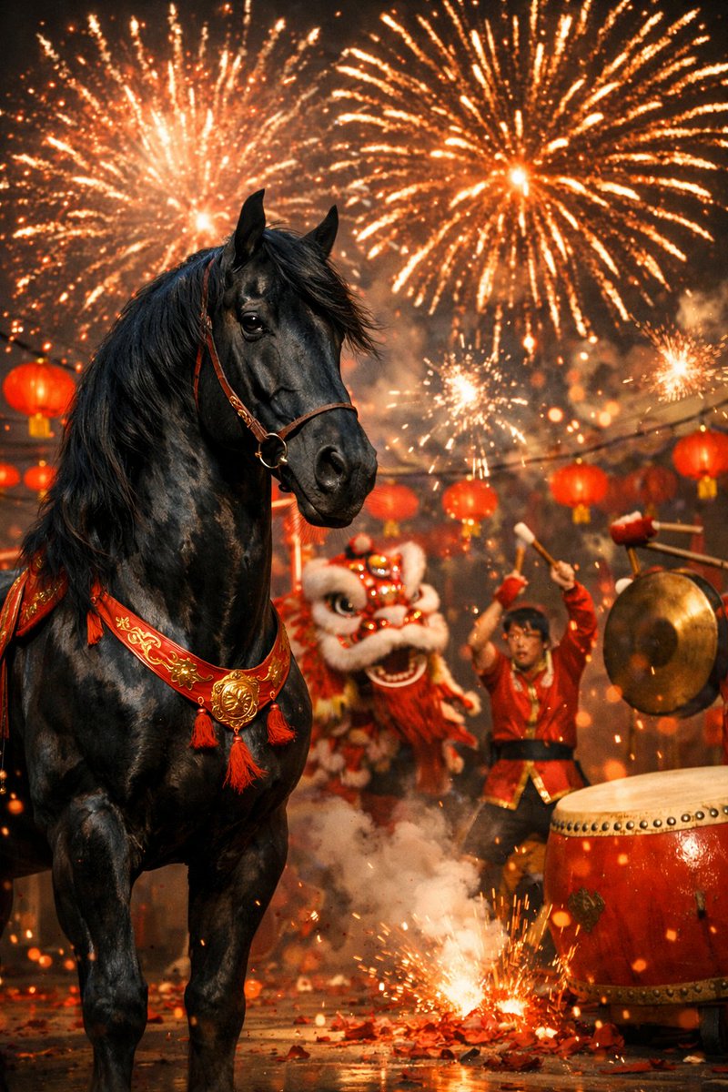 除夕夜至，黑马静立岁末风中。
回望一年起伏，坚持未曾停步。
烟火映新岁，旧局已散，新程将启。
愿黑马所向，皆有回响；
待春风起时，踏势而行，迎光而上。