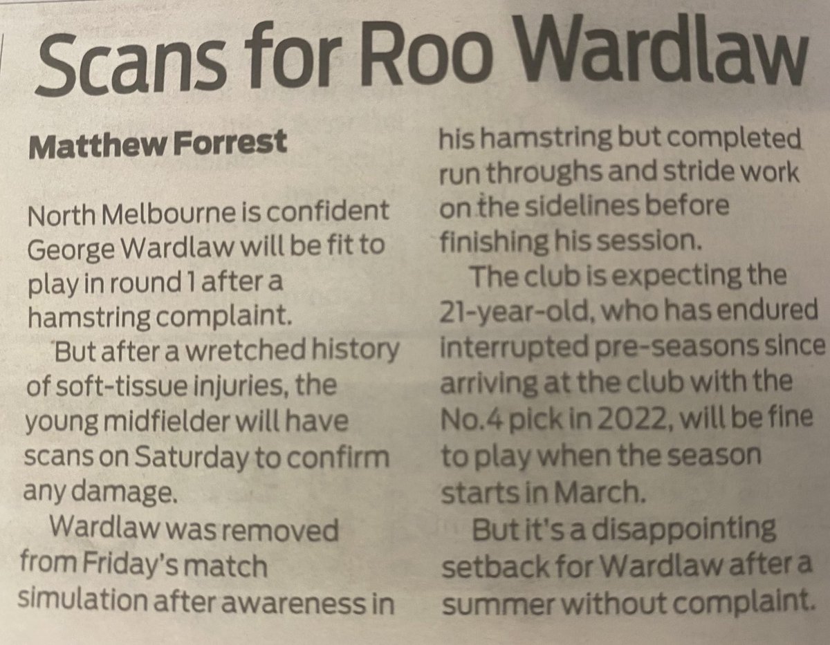North Melbourne is confidant that George Wardlaw will be ready to play in round 1, the Hun has reported 

George is having scans today after he left match simulation yesterday after he had hamstring soreness