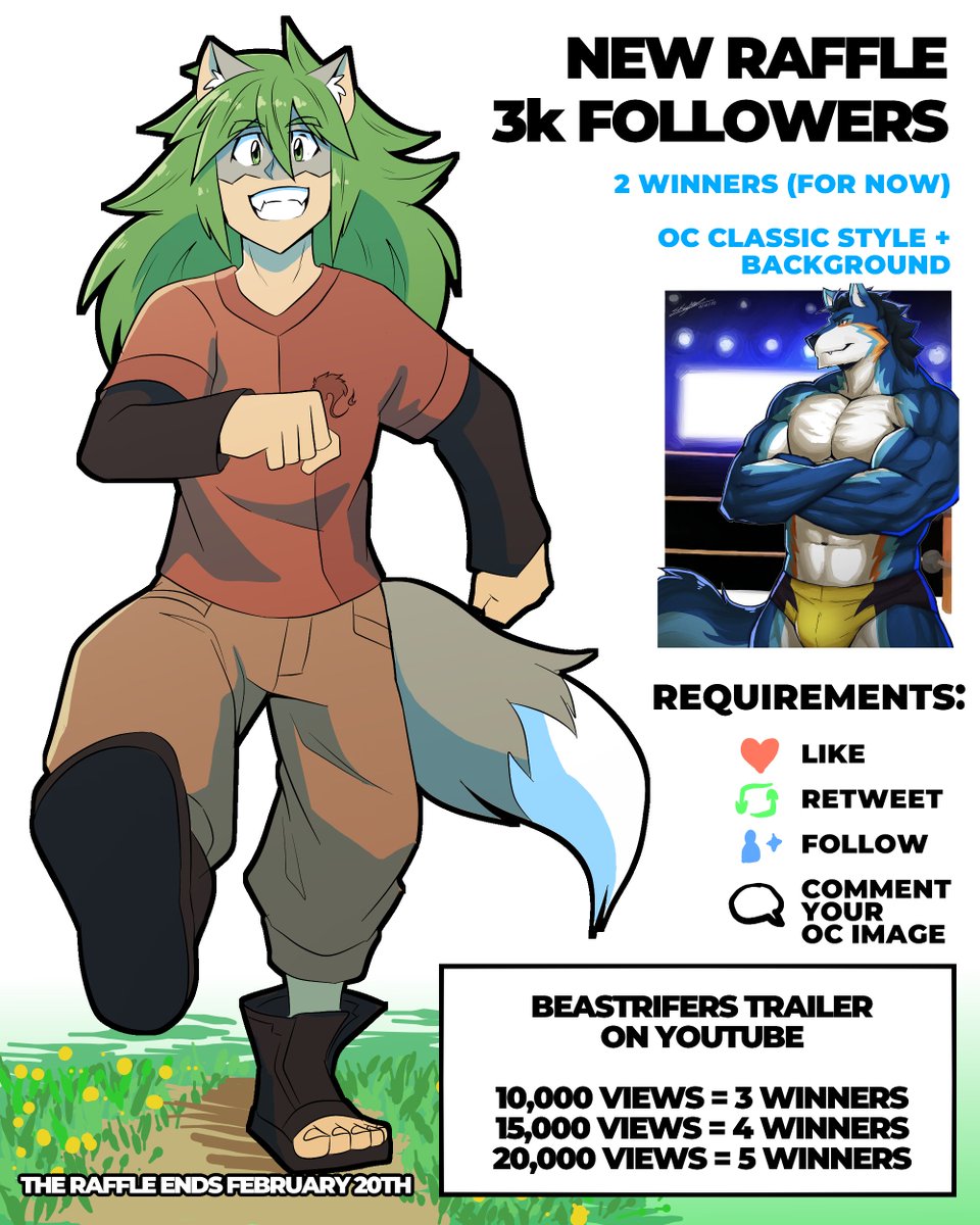 Ki'ubo
¡¡COMIENZA LA RIFA de los 3k Seguidores!!
Denle Like, Compartan y Síganme, y pasa la imagen de tu OC en comentarios. Termina el 20 de Febrero. Habrán 2 ganadores, y habrán mas dependiendo de la vistas del tráiler de Beastrifers en mi canal de Youtube 😈