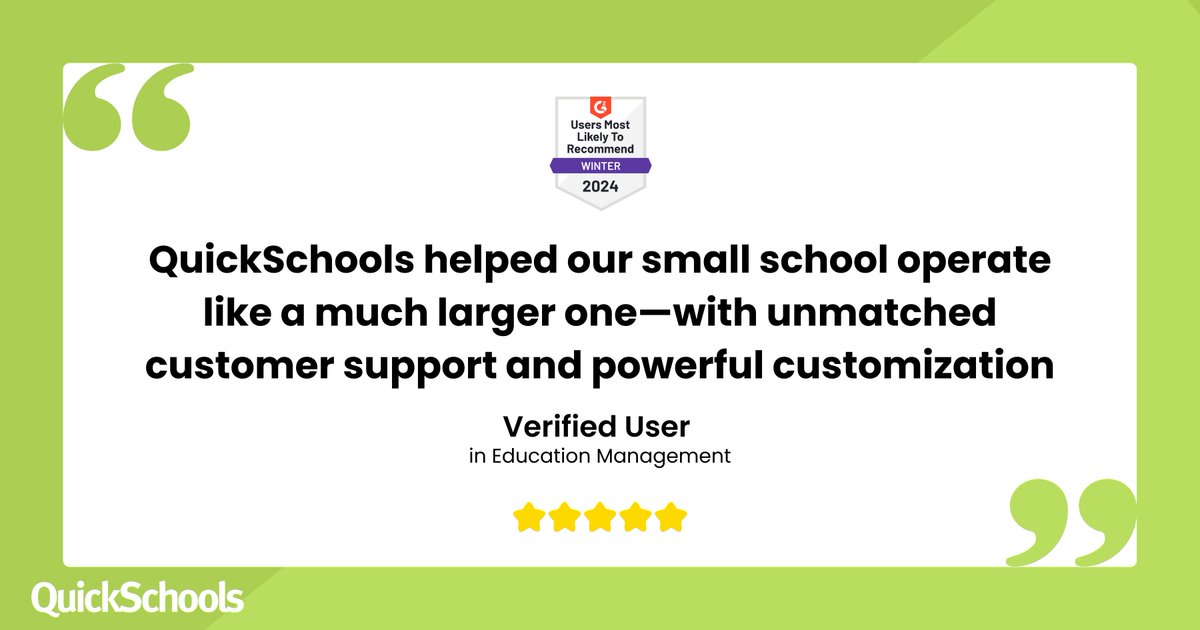 This G2 review says it best 😉 

QuickSchools gives smaller schools the tools, flexibility, and support they need to run efficiently, without complexity.

👉 See how QuickSchools scales with your school at bit.ly/3NXHaeF