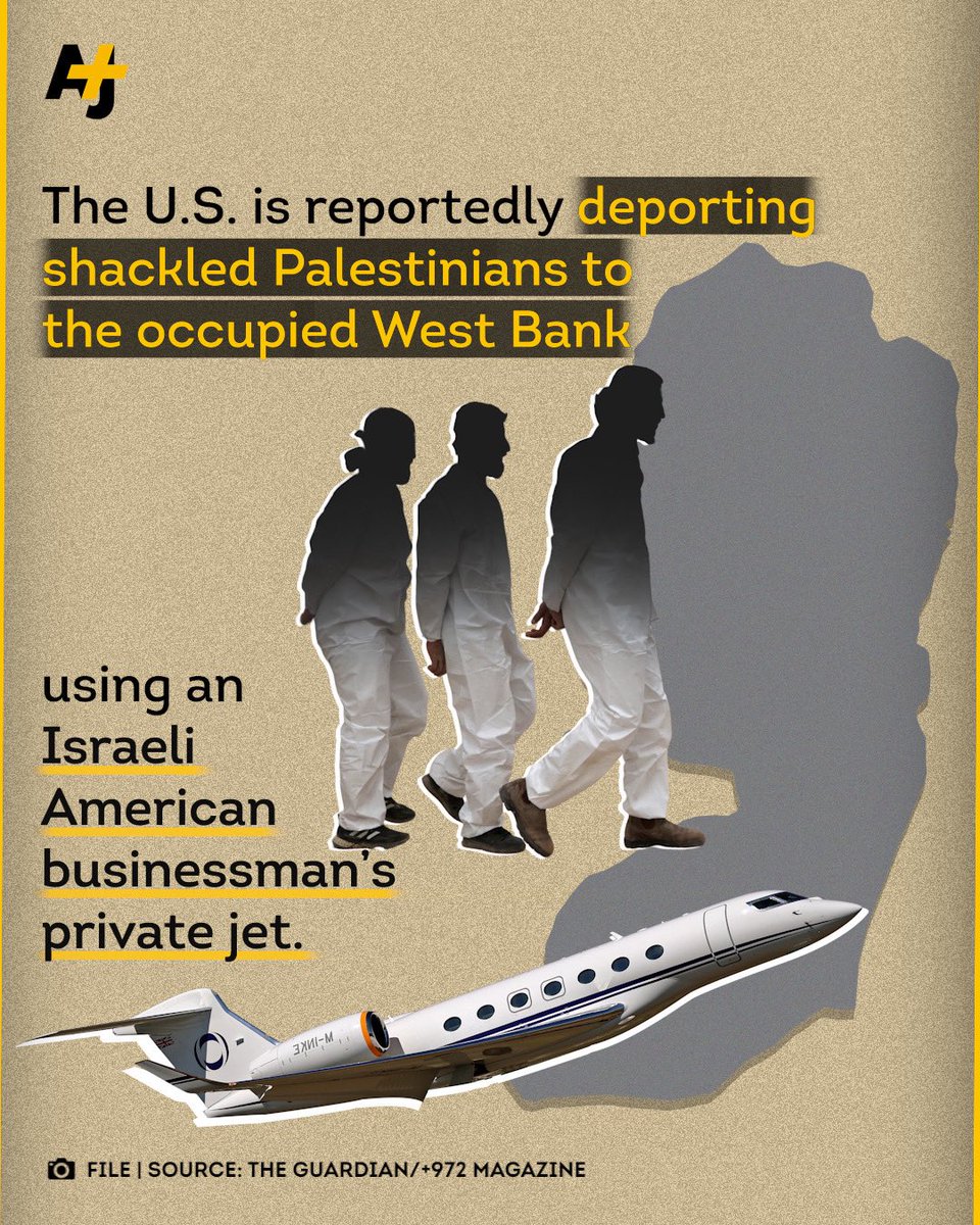 The U.S. deported Palestinians using an Israeli American businessman's private jet on 2 flights in January and February, report The Guardian and +972 Magazine. Some have children with U.S. citizenship.

They were reportedly shackled on the flights and released in the occupied