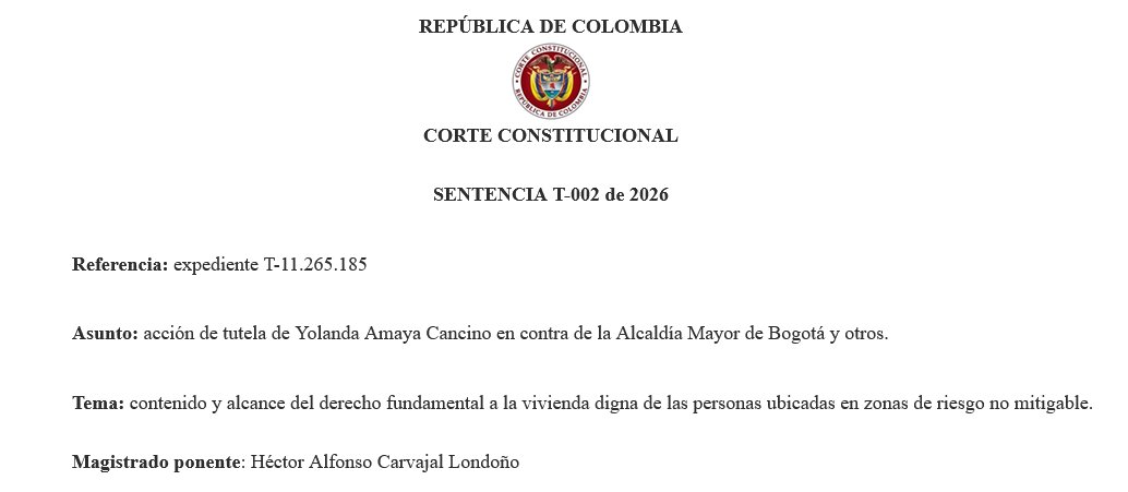 NormatividadCEL's tweet image. 🔵CORTE CONSTITUCIONAL. CONCEDE PARCIALMENTE. Contenido y alcance del derecho fundamental a la vivienda digna de las personas ubicadas en zonas de riesgo no mitigable corteconstitucional.gov.co/relatoria/2026…