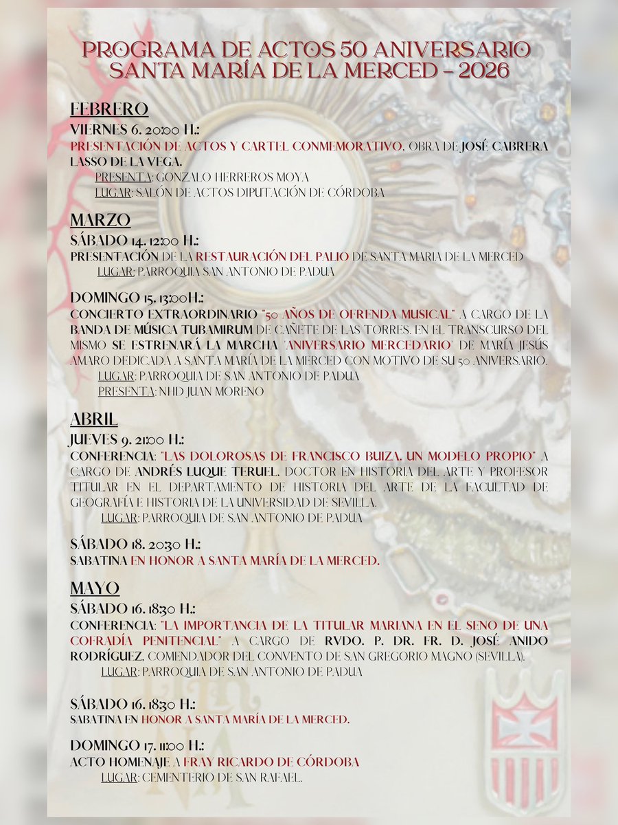 Hdad_Merced's tweet image. #𝟝𝟘𝔸ℕ𝕀𝕍𝔼ℝ𝕊𝔸ℝ𝕀𝕆 | Programa de actos con motivo del 50 Aniversario de la bendición de Santa María de la Merced