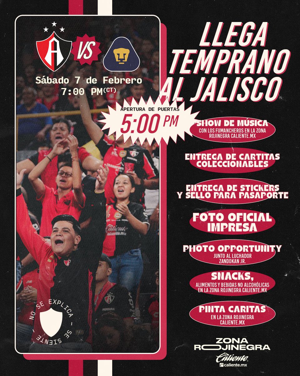¡Llega temprano al Jalisco, Fiel! 🔴⚫️

Música 
Regalos 
Jugamos
Comida 
Y muchas sorpresas nos esperan mañana en el Monumental en la Zona Rojinegra Caliente.mx 🏟️🦊

Boletos disponibles en SomosRojinegros.com 🎟️