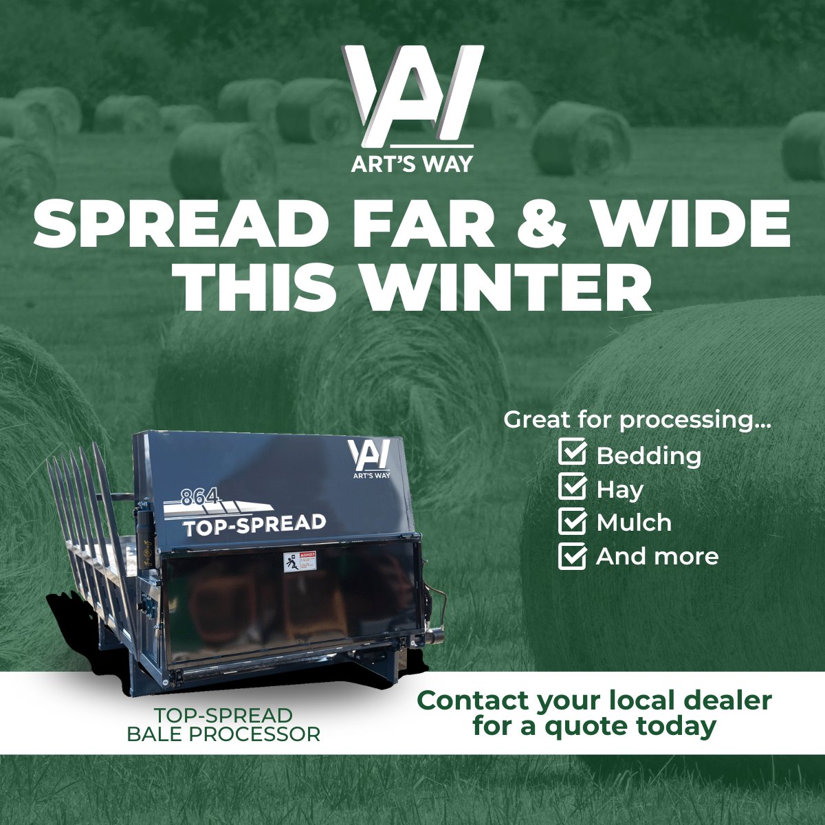 Make winter chores easier &amp; quicker with an Art's Way TOP-SPREAD bale processor. Mount it to any loader and away you go! 
👉artsway.com/product-catego…