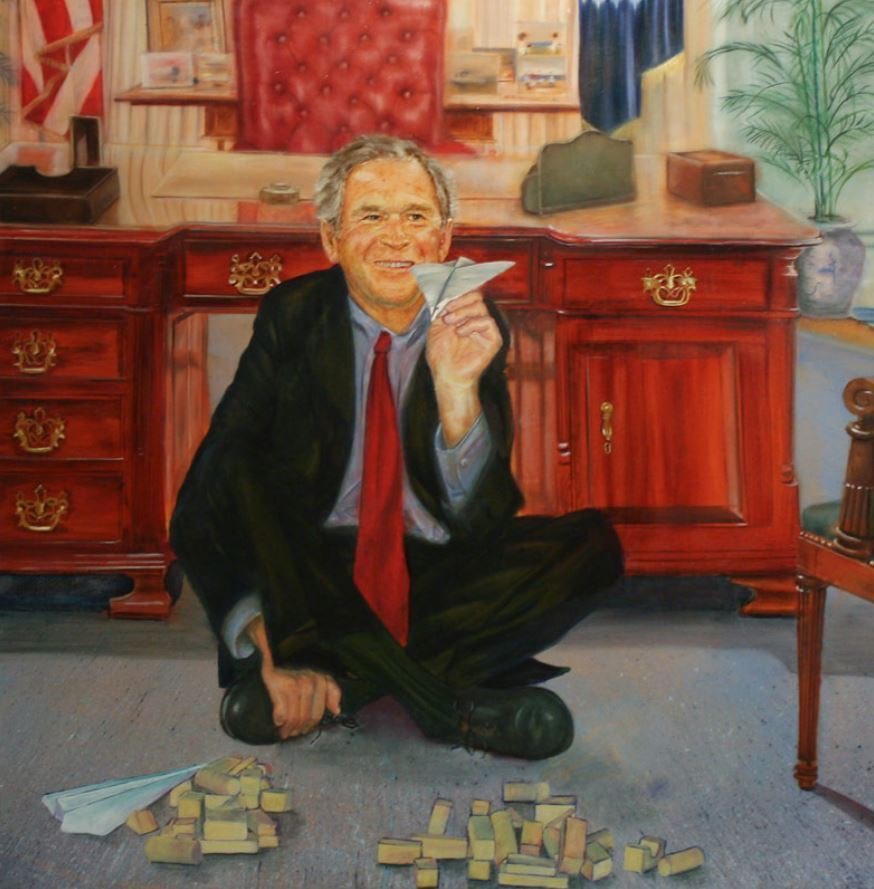 Albertopugilat's tweet photo. Esta imagen pertenece a un cuadro de Epstein que tenía en su residencia de New York.
En el cuadro aparece George Bush derribando torres con aviones de papel. https://t.co/J5fTYzG7Ws