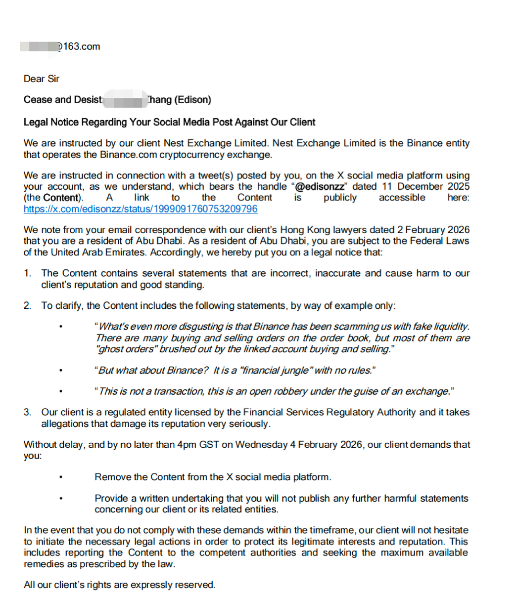 LeonidasNFT's tweet photo. CZ HAS NOW LIED FOR A THIRD TIME ABOUT THE BINANCE CEASE AND DESISTS

BELOW IS A CONFIRMED LETTER FROM BINANCE'S LAW FIRM THAT THREATENS TO SUE AN X USER FOR MAKING A VIRAL POST ABOUT 10/10

CZ WON'T REPLY TO ME BECAUSE THE LETTER IS REAL

REPOST SO THAT PEOPLE KNOW THE TRUTH https://t.co/4l9Ht3m4iw