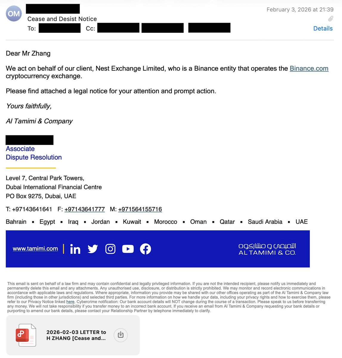 CZ HAS NOW LIED FOR A THIRD TIME ABOUT THE BINANCE CEASE AND DESISTS

BELOW IS A CONFIRMED LETTER FROM BINANCE'S LAW FIRM THAT THREATENS TO SUE AN X USER FOR MAKING A VIRAL POST ABOUT 10/10

CZ WON'T REPLY TO ME BECAUSE THE LETTER IS REAL

REPOST SO THAT PEOPLE KNOW THE TRUTH