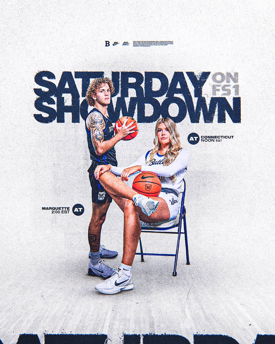 Saturday Plans? We got you covered!
Watch the Dawgs back-to-back on FS1 🐶 🏀 📺 

🕛 <a href="/ButlerUWBB/">Butler Women’s Basketball</a> at UConn - Noon ET
🕑 <a href="/ButlerMBB/">Butler Basketball</a> at Marquette - 2 PM ET