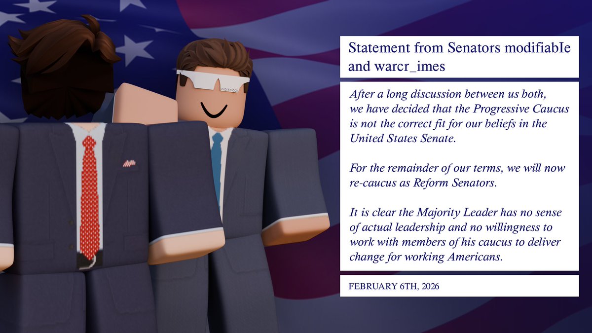 STATEMENT FROM SENATORS <a href="/modifiabIe/">Senator modifiable</a> AND <a href="/w_arcrimes/">war</a> 

We are happy to make the following announcement and congratulate the new Reform Majority Leader r0ck_yy who will lead the U.S. Senate into a period of renewal and change.

Thank you.