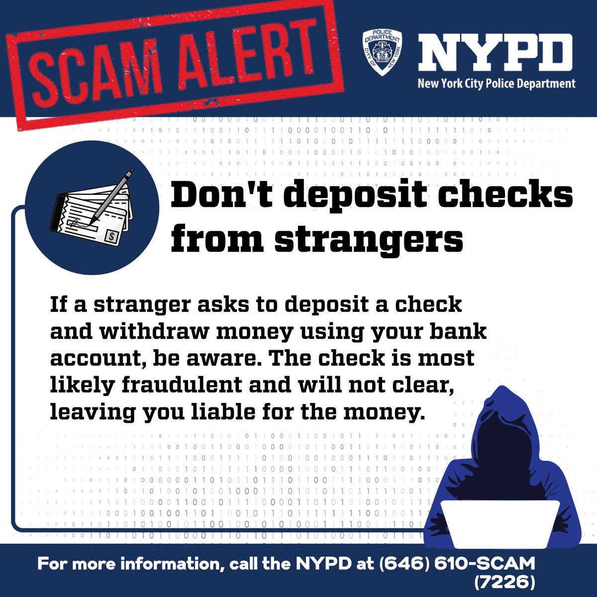 NYPD84Pct's tweet image. Never cash a check for a stranger—it'll likely bounce! Stay safe, and if you feel uneasy, don't hesitate to leave and call 911! #fulton #brooklyn # brooklynheights #chasebank #bankofamerica #BrooklynLife #CheckCashing #BankingAdvice #FultonStreet