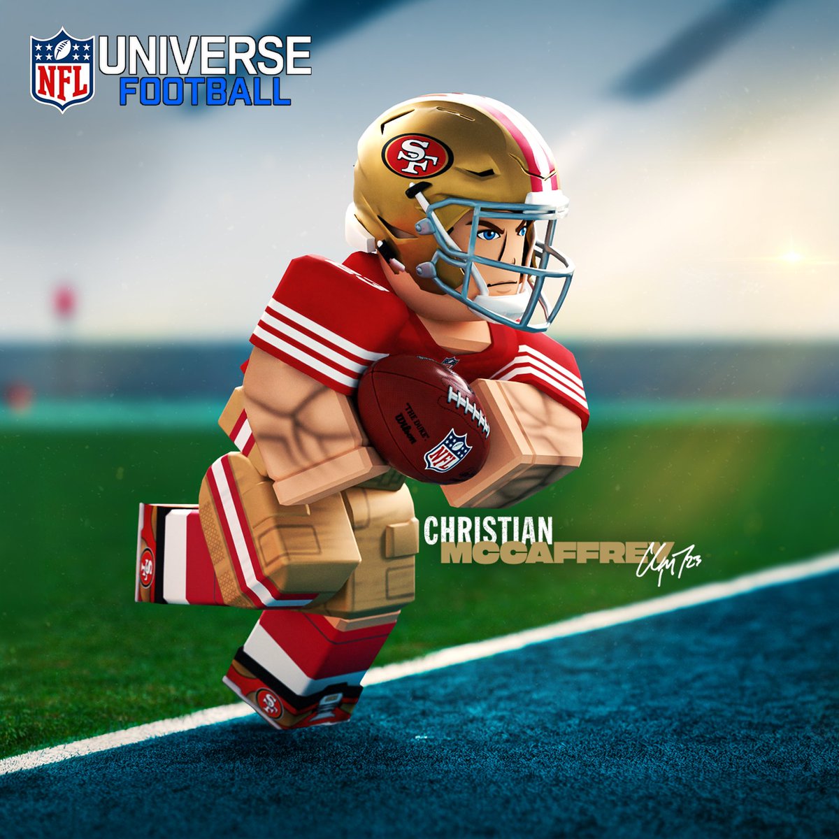 Roblox's tweet image. He came. He carried. Celebrate Super Bowl LX with SF hero Christian McCaffrey in NFL Universe Football. rblx.co/superbowl