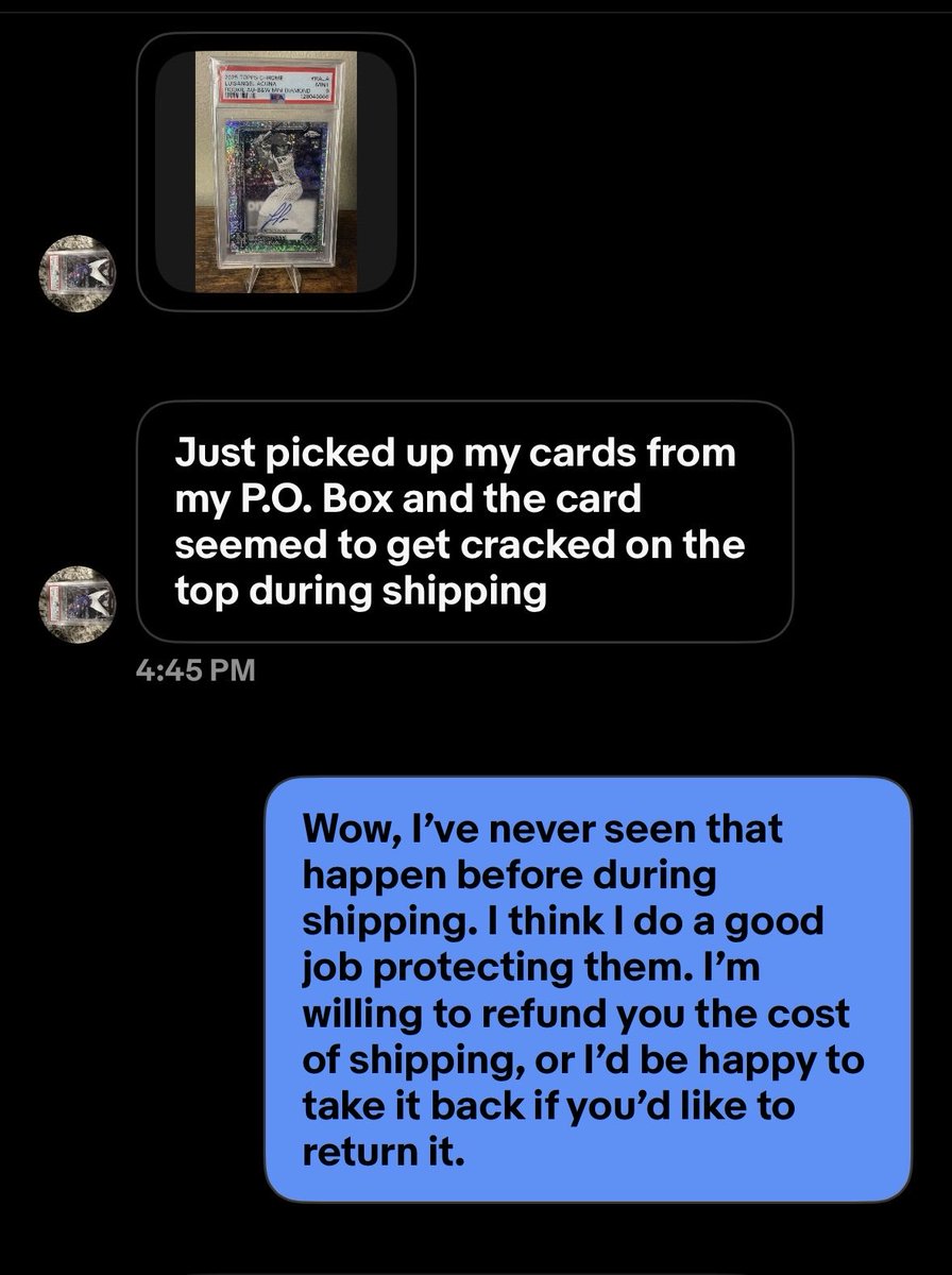 Mets_HobbyWorld's tweet photo. Got a message today that a slab I shipped out cracked during shipping. It was packaged securely, I’ve sold 15k items on eBay and have 100% positive feedback. Guy wants a full refund. Am I in the wrong here? What would you do? @CardPurchaser https://t.co/HZSLQPh20C