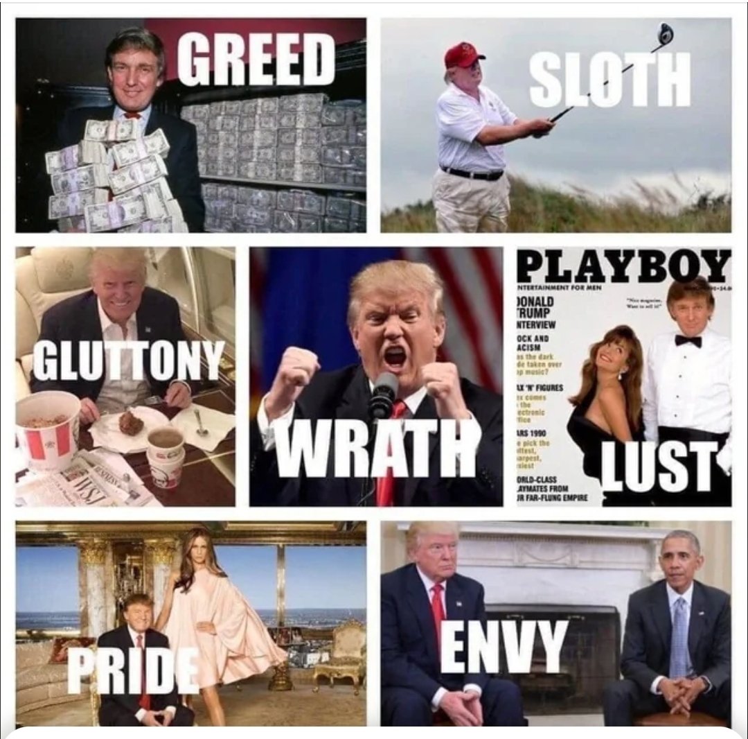 trudygonzales's tweet photo. Donald Trump is sinful without remorse 
Here are a few:

ENVY
Posts racists pictures of Obama

GREED
Trump is profiting off his Presidency
 
LUST
In the Epstein files 

PRIDE
Destroyed the West Wing for his ballroom
Renamed Kennedy Center to Trump 

WRATH
Terrorism of U S. Cities https://t.co/R5M5MLORGa
