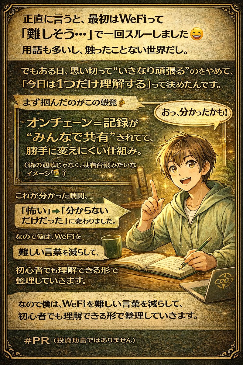 正直に言うと、最初はWeFiって「難しそう…」で一回スルーしました😅
用語も多いし、触ったことない世界だし。

でもある日、思い切って“いきなり頑張る”のをやめて、
**「今日は1つだけ理解する」**って決めたんです。

まず掴んだのがこの感覚👇
