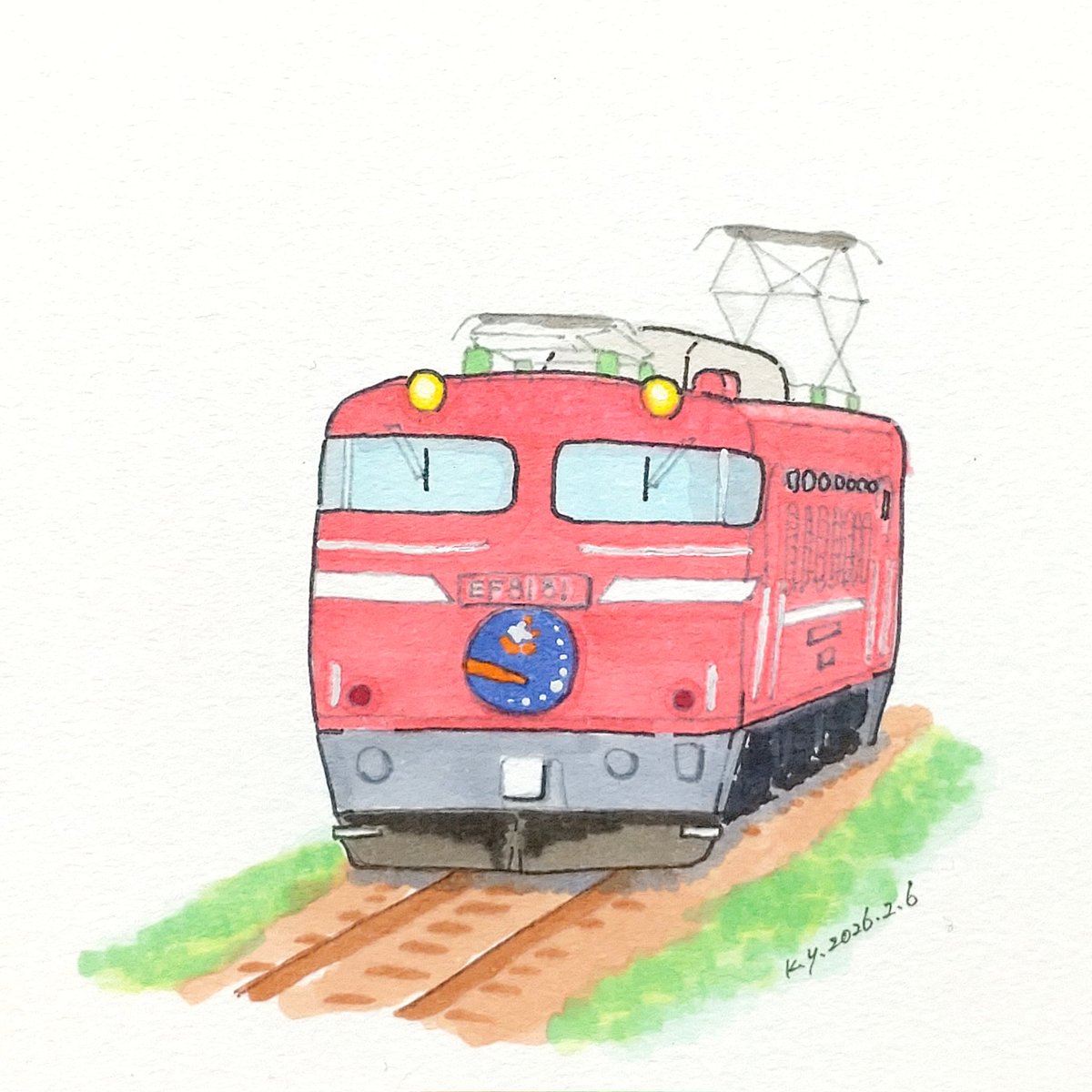 0817Yr's tweet photo. 20260206
EF81 81　電気機関車　カシオペア

https://t.co/cRO5BmC2qE

#イラスト #手描きイラスト #illustration #コピック #copic #鉄道 #JR #EF81 #機関車 #カシオペア #寝台特急 #電車 https://t.co/rqd2ijHELa